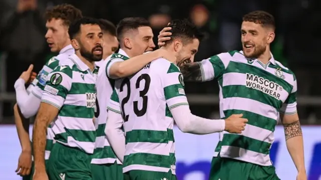 Neil Farrugia of Shamrock Rovers, centre, celebrates with team-mates, including Gary O'Neill, left, and Lee Grace