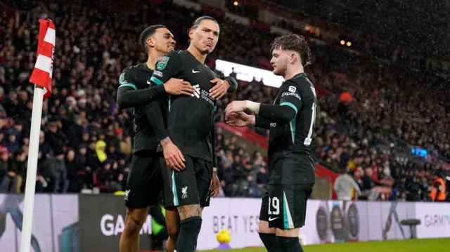 Darwin Nunez is congratulated by team-mates after scoring for Liverpool against Southampton