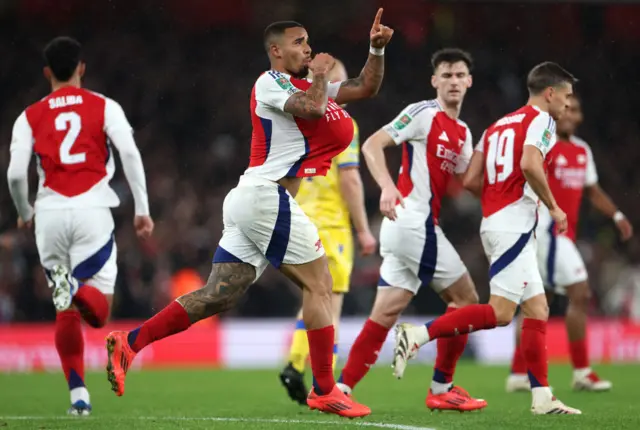 Gabriel Jesus celebrates his hat-trick against Crystal Palace