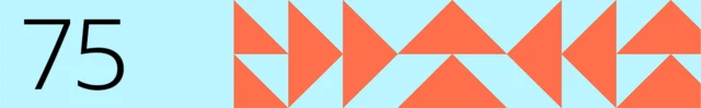 The number 75 is shown on a blue background with orange triangles