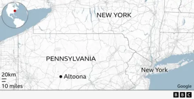 A BBC map showing the location of Altoona, Pennsylvania, relative to New York City