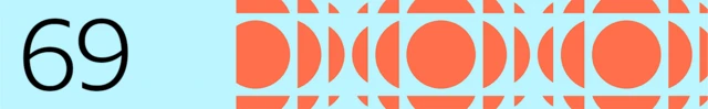 The number 69 is shown on a pale blue background with orange circles and half circles