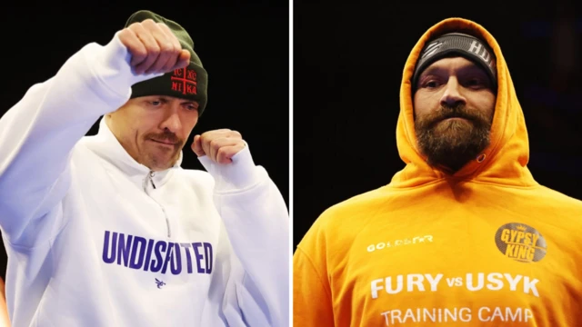 Oleksandr Usyk holds up his fists and Tyson Fury wears an orange hoodie