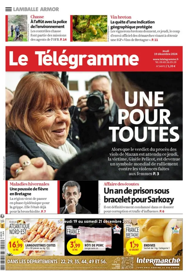 Front cover of Le Télégram newspaper, depicting Gisèle Pelicot