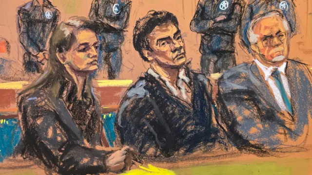 A court sketch of Luigi Mangione, the suspect in the murder of UnitedHealth Group executive Brian Thompson, sitting between his defense attorneys Karen Friedman Agnifilo and her husband Marc Agnifilo during his federal court hearing in New York City, New York,