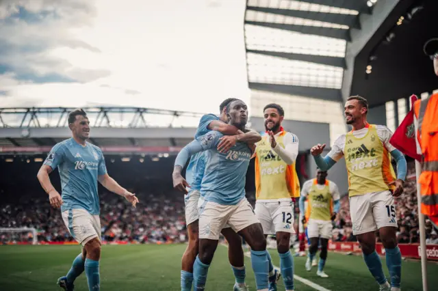 Nottingham Forest players celebrate scoring at Anfield