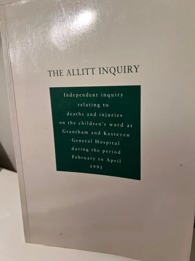 The Allitt Inquiry book. The front cover reads: 'The Allitt Inquiry. Independent inquiry relating to deaths and injuries on the children's ward at Grantham and Kesteven General Hospital during the period February to April 1991'