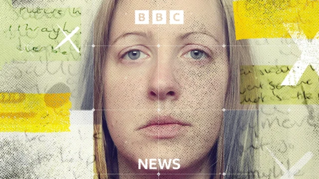 Lucy Letby's police mugshot against a bright background