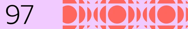 BBC banner with the number 97 against a pink background and red circles and semi circles