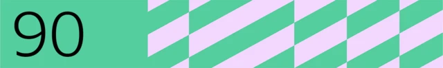 The number 90 is shown on a banner with a green background and purple stripes