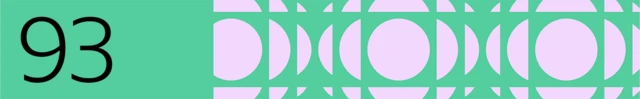 The number 93 on a banner with a green background and purple circles and semicircles