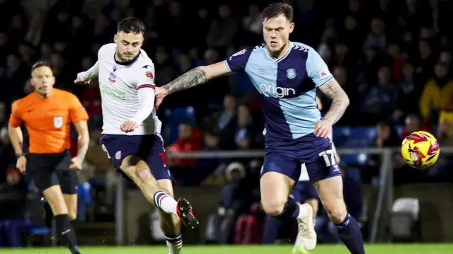 Aaron Collins shoots for Bolton v Wycombe