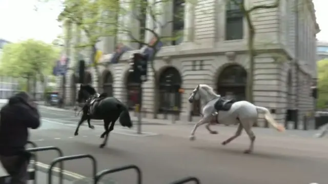 A black horse and a white horse running through the streets of London