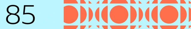 The number 85 is shown on a blue background with orange circles and half circles