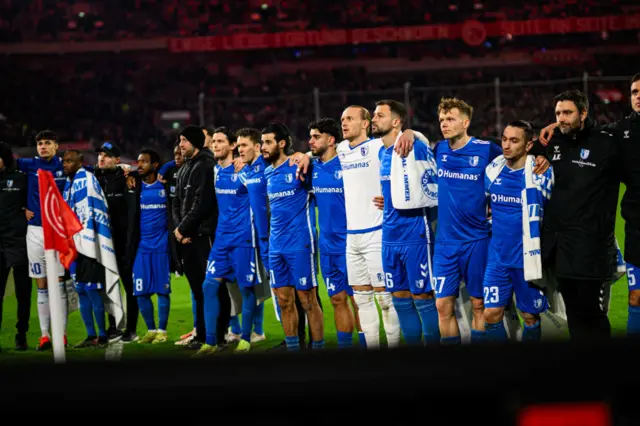 Magdeburg players in a line after a match in Dusseldorf