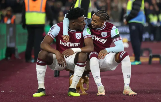 West Ham United's Mohammed Kudus celebrates scoring his side's first goal with Crysencio Summerville during the Premier League match between West Ham United FC and Brighton & Hove Albion FC at London Stadium on December 21, 2024