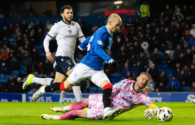 Vaclav Cerny rounds Trevor Carson to net the winning goal for Rangers