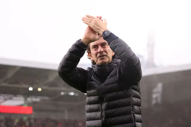 Thomas Frank, Manager of Brentford, acknowledges the fans