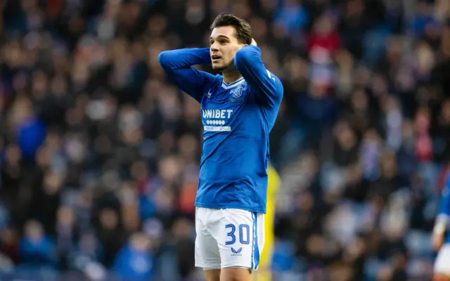 Rangers' Ianis Hagi reacts as his shot hits the crossbar during a William Hill Premiership match between Rangers and Dundee at Ibrox Stadium