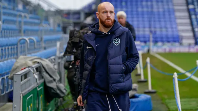 Connor Ogilvie arrives at Fratton Park before the game against Coventry