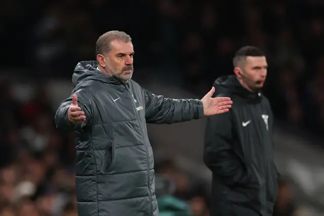 Ange Postecoglou, Manager of Tottenham Hotspur, react