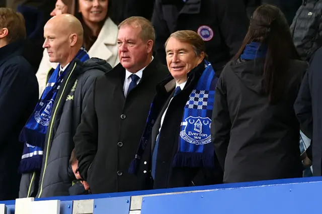 Everton executive chairman Marc Watts (R) looks on next to interim chief executive officer Colin Chong