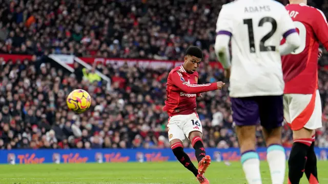 Manchester United's Amad Diallo (left) attempts a shot on goa