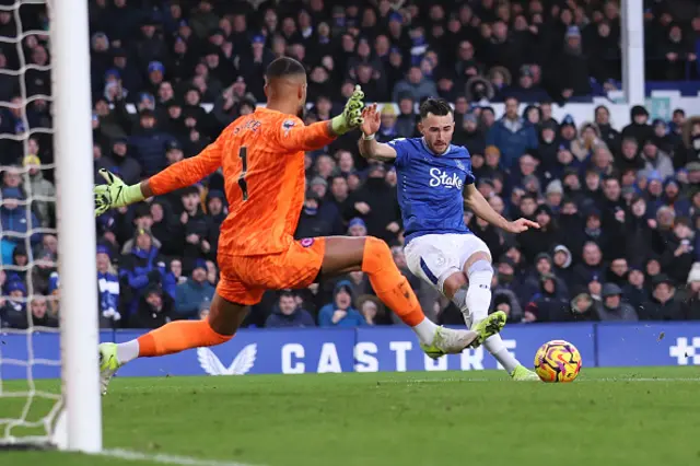 Jack Harrison of Everton takes a shot