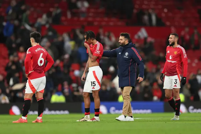 Ruben Amorim, Manager of Manchester United, interacts with Leny Yoro