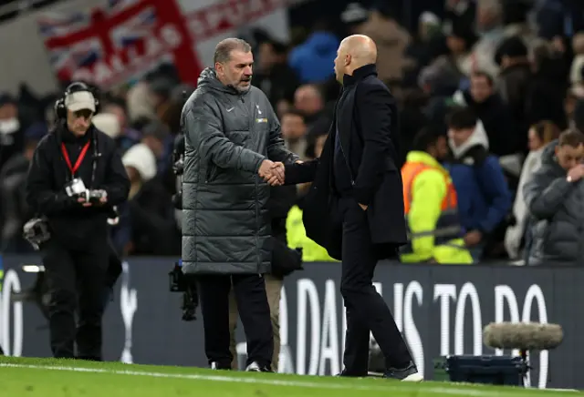 Ange Postecoglou and Arne Slot shake hands