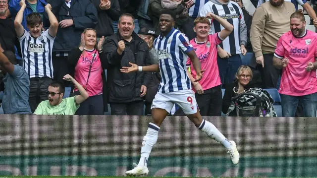 Josh Maja celerbating scoring a goal for West Bromwich Albion against Plymouth