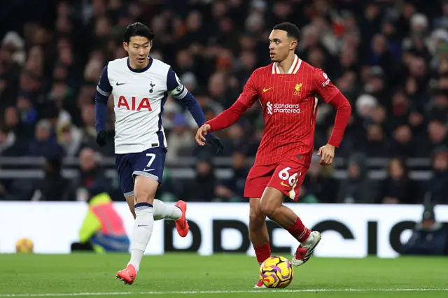 Trent Alexander-Arnold of Liverpool is challenged by Son Heung-min