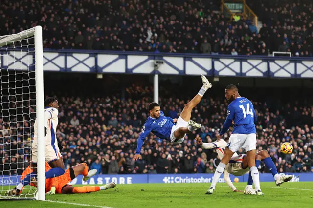 Iliman Ndiaye of Everton has a shot blocked