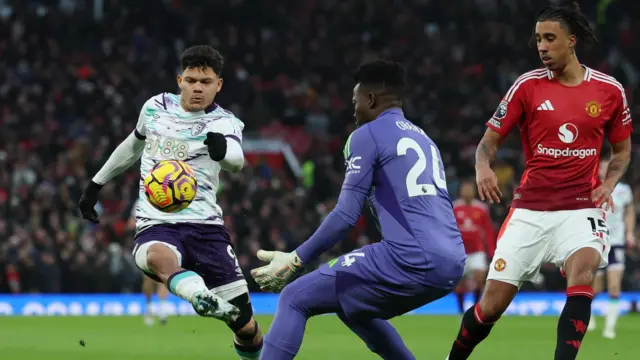 Manchester United's Andre Onana and Manchester United's Leny Yoro