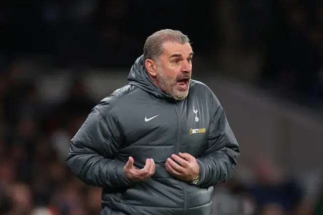 Ange Postecoglou, Manager of Tottenham Hotspur, reacts