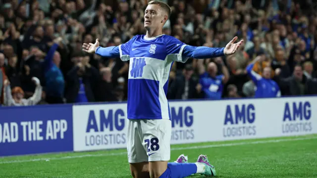 Birmingham's Jay Stansfield celebrates scoring against Wrexham