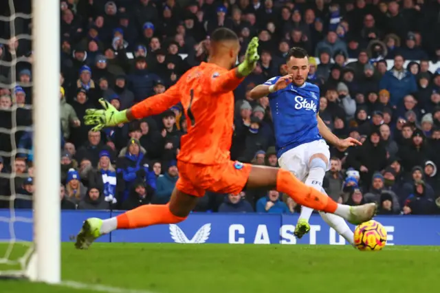 Jack Harrison's shot saved by Robert Sanchez