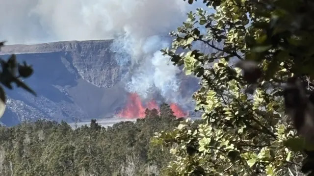 Lava erupts from vents on the west part of the caldera wall, feeding lava flows that cover the area of Halemaʻumaʻu crater. Photo taken from a distance with trees and foliage framing the caldera