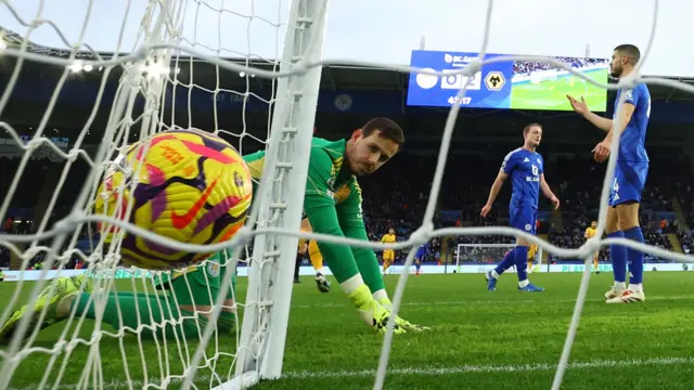 Goalkeeper Danny Ward looks back into his goal after Wolves make it 3-0 against Leicester