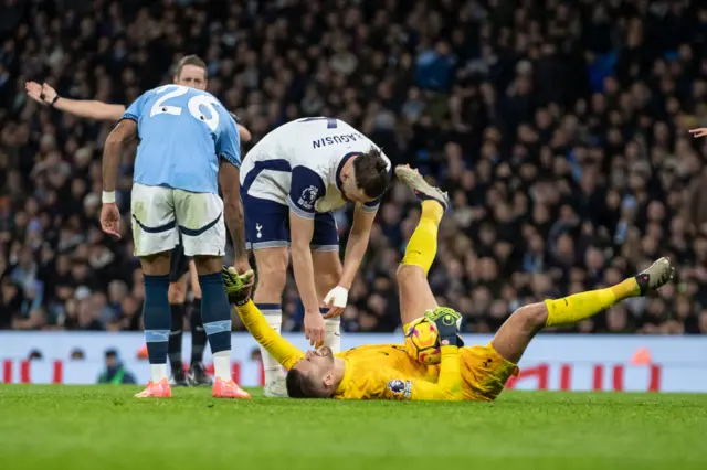 Guglielmo Vicario going down injured against Manchester City last month