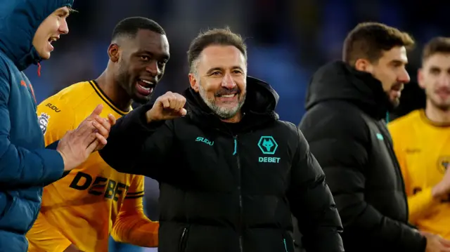 Wolves boss Vitor Pereira celebrates his team's win at Leicester