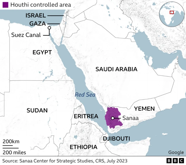 Map showing the middle east, especially where Yemen is in relation to Israel, and a purple shade in western Yemen showing Houthi controlled areas.