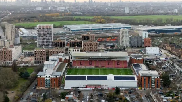 An aerial view of the stadium, seen prior to the League One match between Leyton Orient FC and Bristol Rovers FC at Gaughan Group Stadium