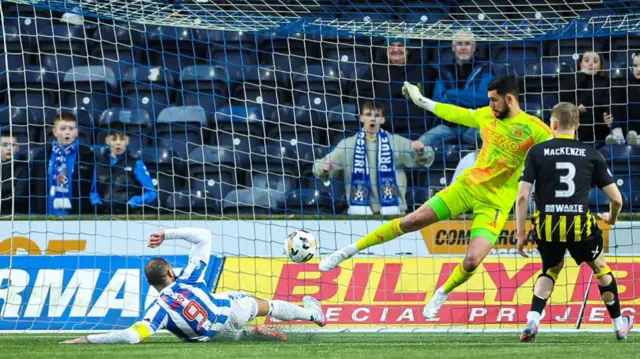 KILMARNOCK, SCOTLAND - DECEMBER 26: Kilmarnock's Kyle Vassell scores to make it 1-0 during a William Hill Premiership match between Kilmarnock and Aberdeen at Rugby Park, on December 26, 2024, in Kilmarnock, Scotland. (Photo by Roddy Scott / SNS Group)