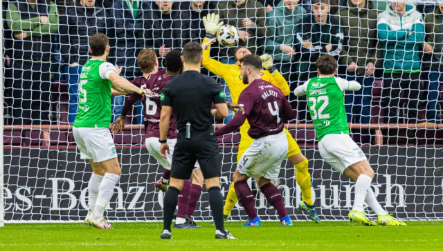 Hearts' Kye Rowles scores an own goal to make it 1-0 to Hibernian during a William Hill Premiership match between Heart of Midlothian and Hibernian at Tynecastle Park,