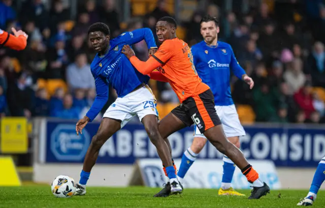 St Johnstone's Benjamin Kimpioka (L) and Dundee United's Emmanuel Adegboyega in action during a William Hill Premiership match between St Johnstone and Dundee United at McDiarmid Park