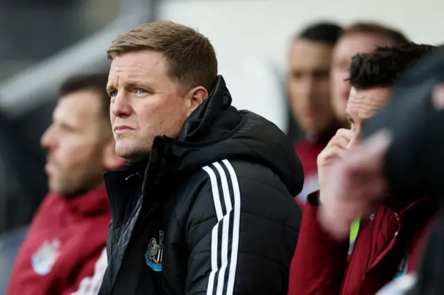 Eddie Howe, Manager of Newcastle United, looks on