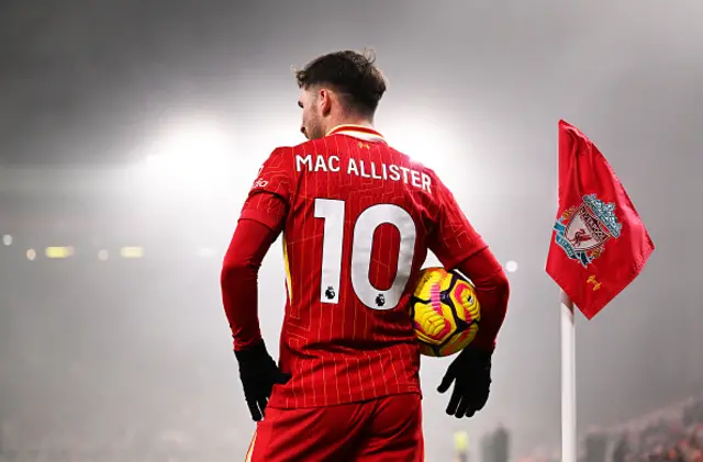 Alexis Mac Allister of Liverpool prepares to take a corner kick