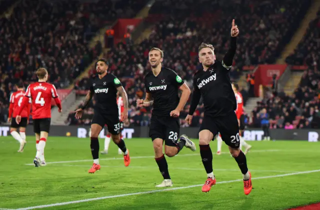 Jarrod Bowen of West Ham United celebrates scoring