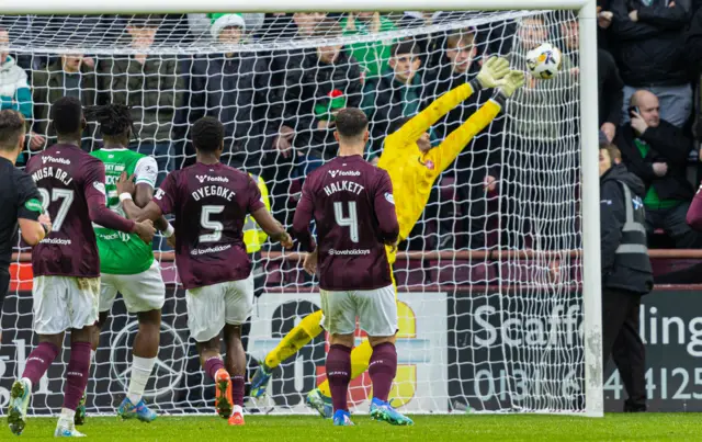 Hearts' Craig Gordon makes a save during a William Hill Premiership match between Heart of Midlothian and Hibernian at Tynecastle Park, on December 26, 2024, in Edinburgh